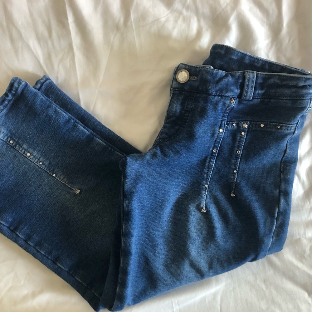 GANG-RIO Women's Capri Rhinestone Blue Jeans